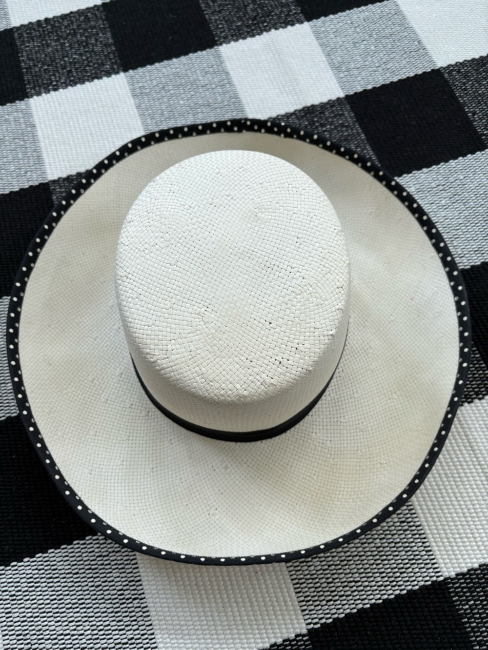 White Wide-Brim Straw Hat with Black and White Polkadot Ribbon Trim